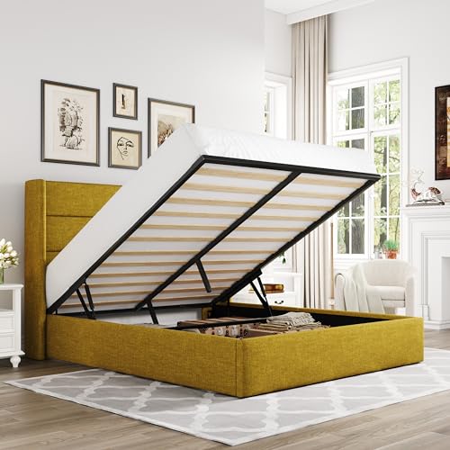 Olive Yellow Queen Size Lift Up Storage Bed with Modern Wingback Headboard