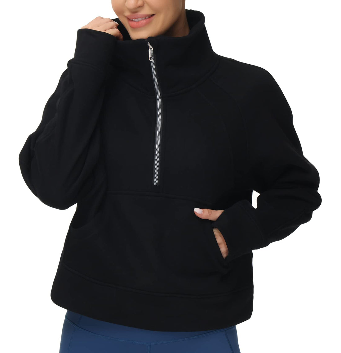 Women's Half Zip Fleece Sweatshirt with Pockets and Thumb Hole.