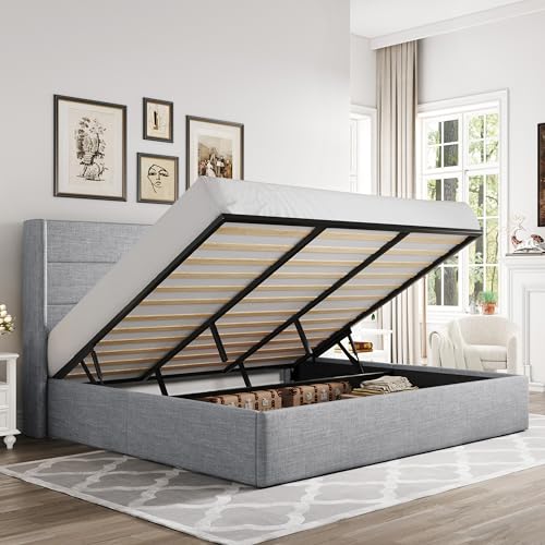 Allewie King Size Lift Up Storage Bed with Modern Wingback Headboard