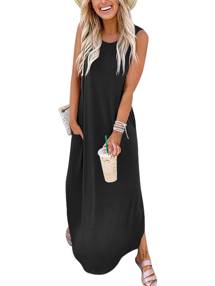 ANRABESS Women Casual Loose Sundress Sleeveless Split Maxi Long Beach Shirt Dress Travel Vacation 2024 Summer ...