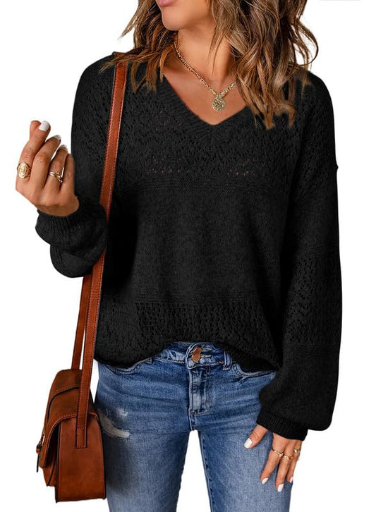 SHEWIN Womens Sweaters Casual Long Sleeve V Neck Lightweight Crochet Pullover Sweater Tops.