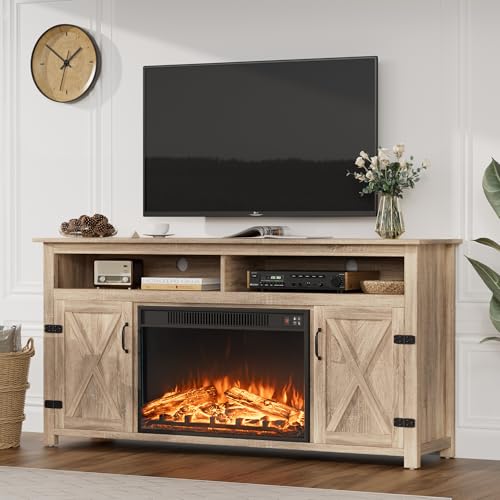 JUMMICO Fireplace TV Stand for Large TVs with Storage Shelves and Cabinets