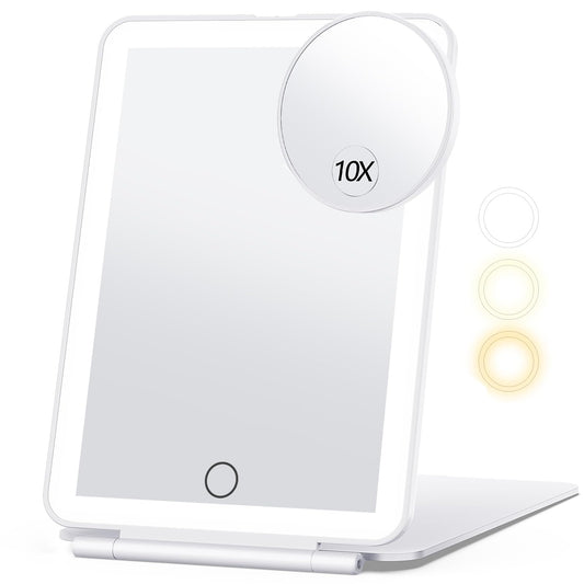 Travel Essential Makeup Mirror with LED Lights and Portable Rechargeable Power.