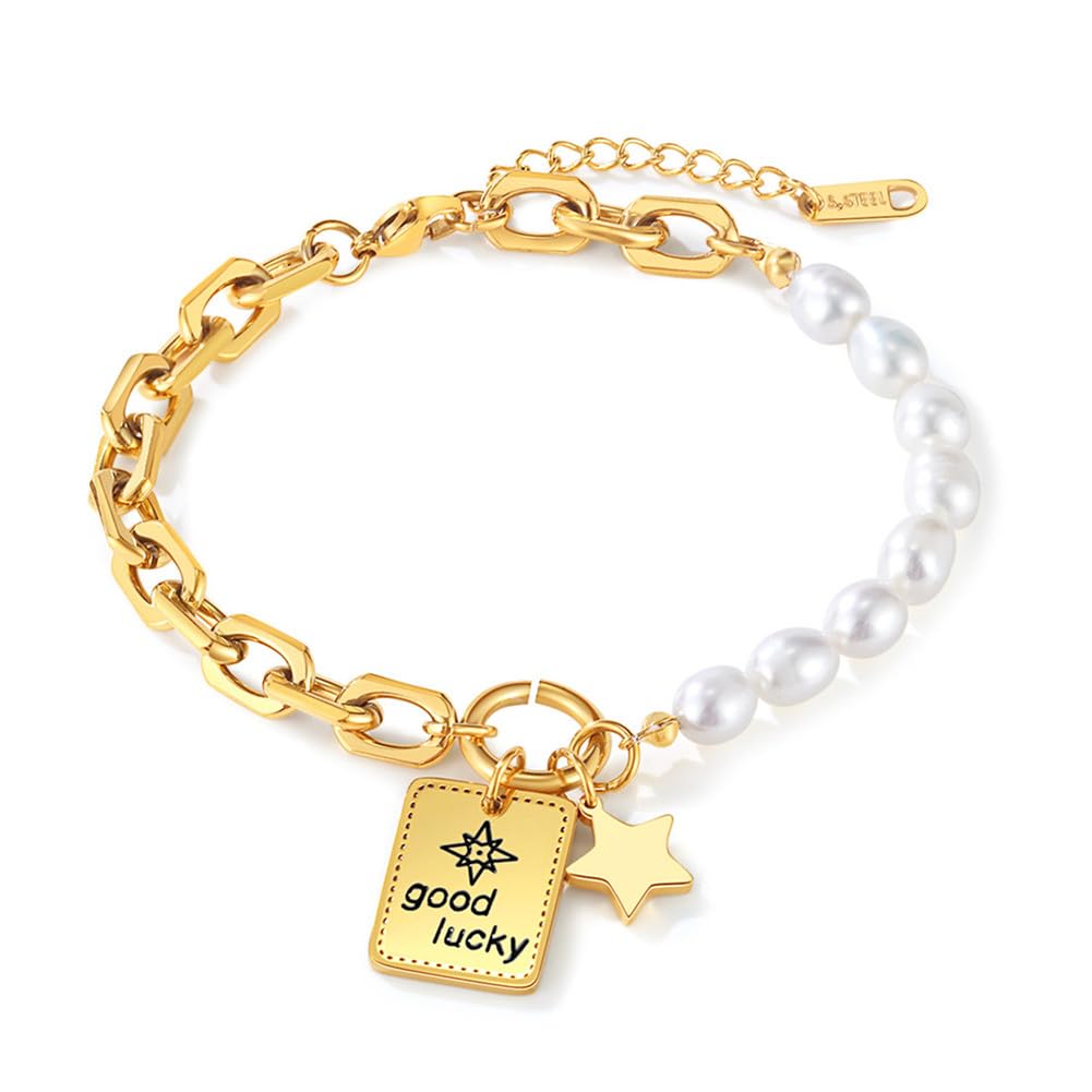 Dainty Gold Pearl Good Luck Charm Bracelets for Women
