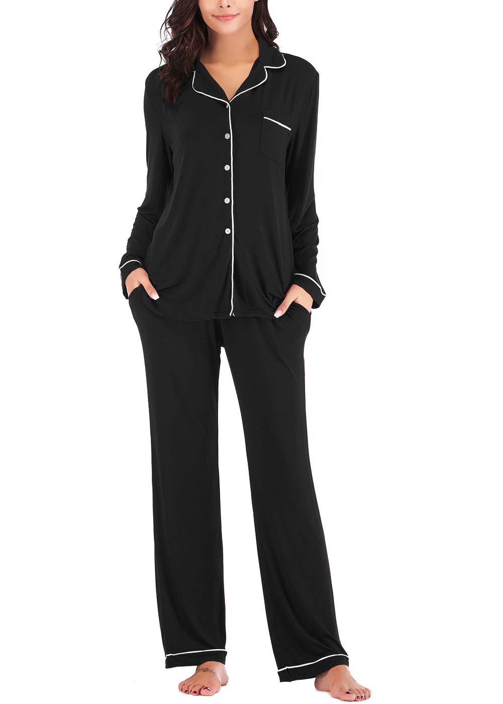 Soft, feminine long-sleeve button-down PJs for comfortable sleep lounging.