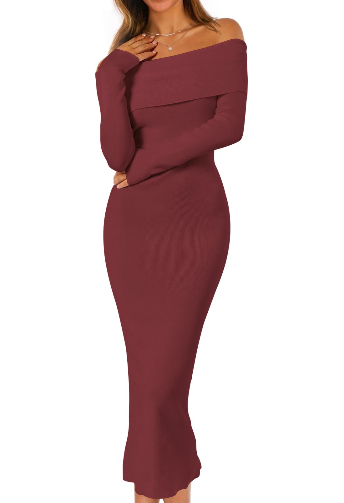 MEROKEETY Women's Fall Off Shoulder Bodycon Sweater Dress 2025 Formal Long Sleeve Elegant Club ...