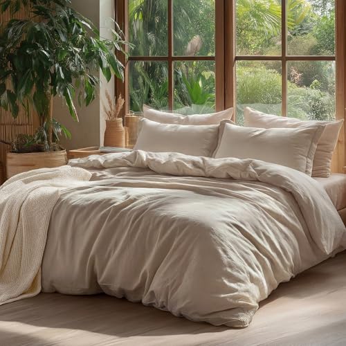 Bedsure Washed Cotton Duvet Cover - Queen Size Frosted Almond Minimalist Linen-Like Duvet Cover