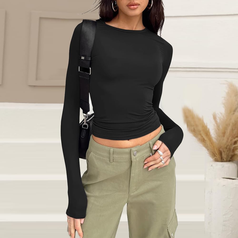 Women's Long Sleeve Crop Top in Black L