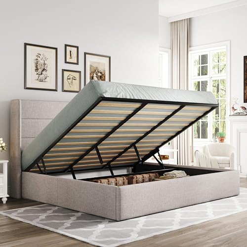 Allewie King Size Lift Up Storage Bed with Modern Wingback Headboard