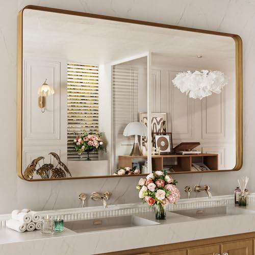Large Wood Grain Metal Framed Rectangular Bathroom Mirror