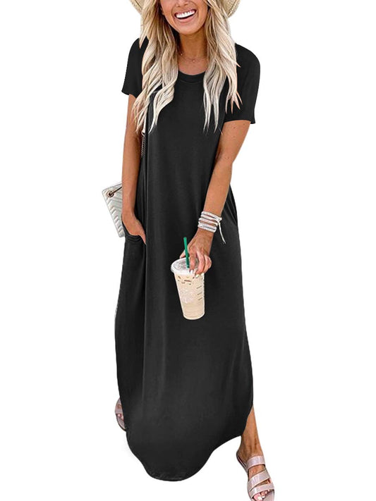 ANRABESS Women's Summer Casual Loose Short Sleeve Long T Shirt Dress Split Maxi Beach Sundress Travel Vacation ...