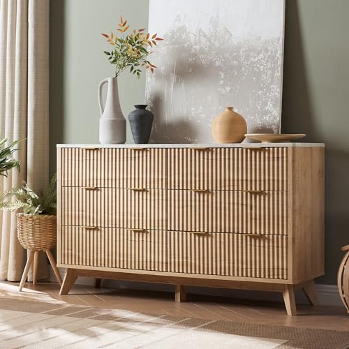 Modern 6 Drawer Dresser with Faux Marble Top