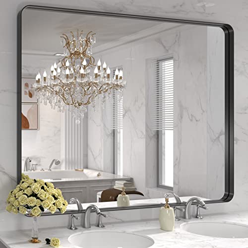 LOAAO 48x36 Inch Black Metal Framed Bathroom Mirror for Wall, Matte Black Bathroom Vanity Mirror ...