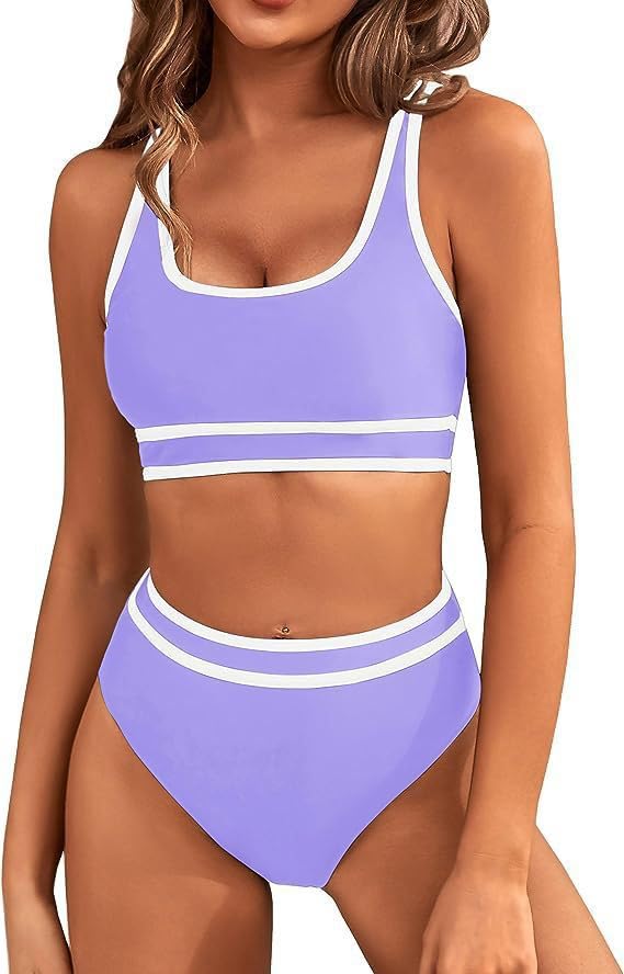 Purple High-Waisted Sporty Bikini Swimsuit for Women High-waisted purple sporty bikini swimsuit fo...