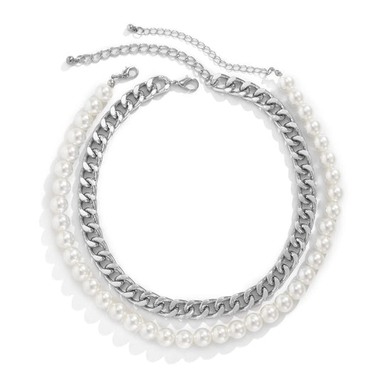 Silver Chunky Chain Link Pearl Beaded Choker Necklace