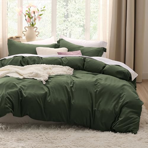 Don't Miss Out: Ultra-Soft Olive Green King Duvet Cover Set - 3-Piece Prewashed Bedding Steal!