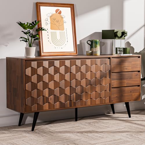 Mid Century Modern Sideboard with Geometric Pattern, Kitchen Storage Cabinet.