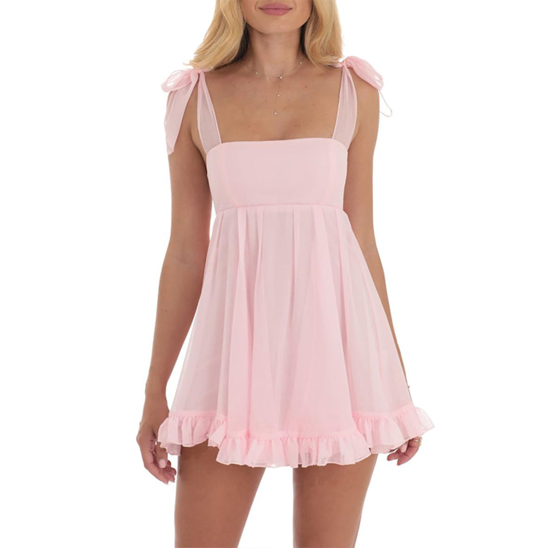 Pink Sleeveless Ruffle Mini Dress with Tie Straps