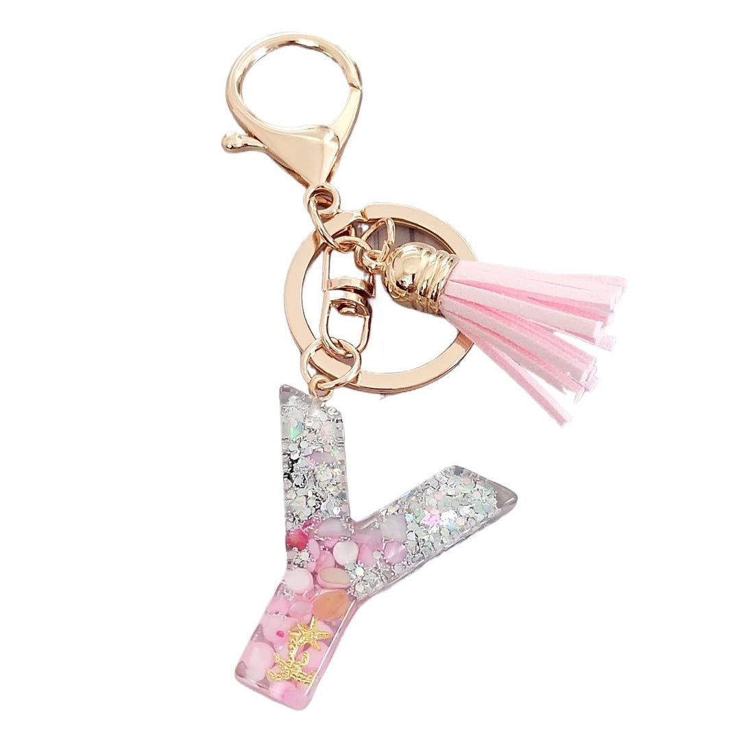 Glitter Initial Tassel Keychain Pendant Epoxy Resin Charm Personalized Key Ring Gift (Model Y).