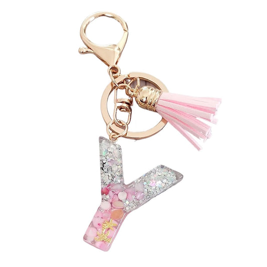 Glitter Initial Tassel Keychain Pendant Epoxy Resin Charm Personalized Key Ring Gift (Model Y).