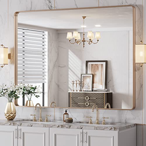 Gold Bathroom Mirror with Brushed Finish - 48 x 36 Rectangular Wall Mounted Vanity Mirror