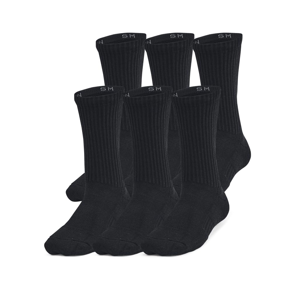 Under Armour Unisex-Child Youth Training Cotton Crew Socks 6 Pack, (001) Black/Black/White, Small.
