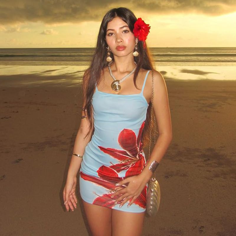Summer Beach Style Sleeveless Bodycon Mini Dress with Bold Red Floral Print