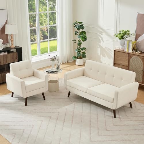 Button Tufted Linen Loveseats with Wooden Feet