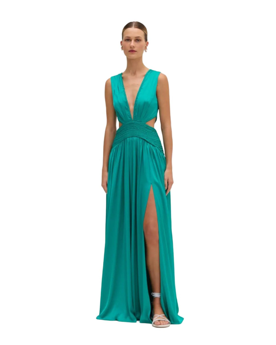 Ethereal Satin Gown with Cut-Out Details for a Dramatic Look.