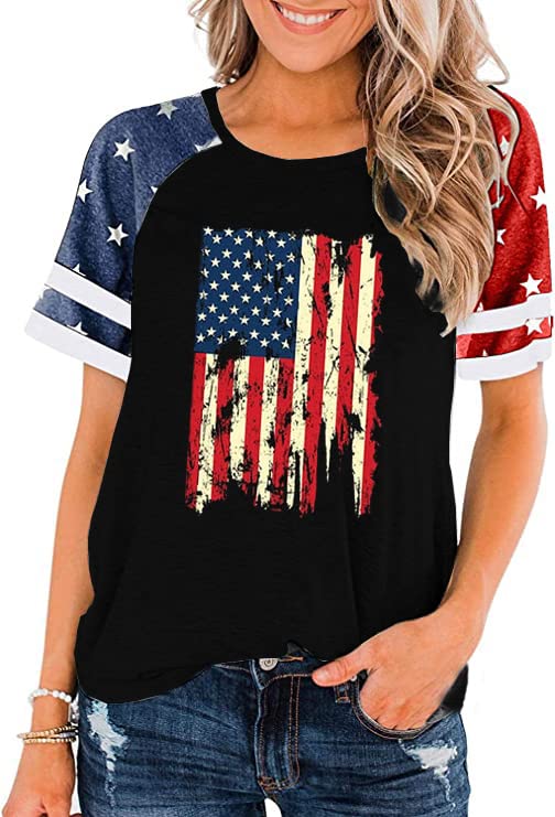 American Flag Stars Stripes Shirts for Women 4th of July Patriotic Shirt Cute Graphic Blouse USA Flag Tops Summer ...