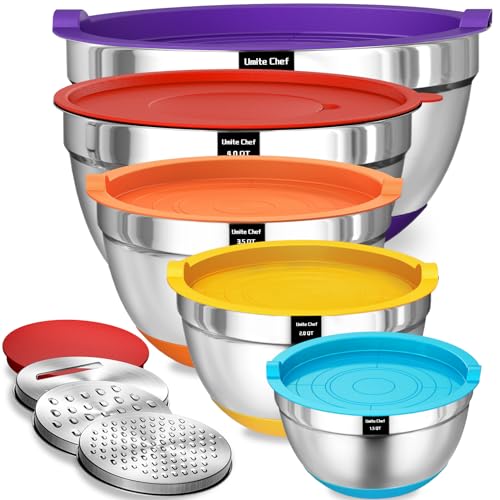 Stainless Steel Chef Mixing Bowl Set with Airtight Lids and Attachments.