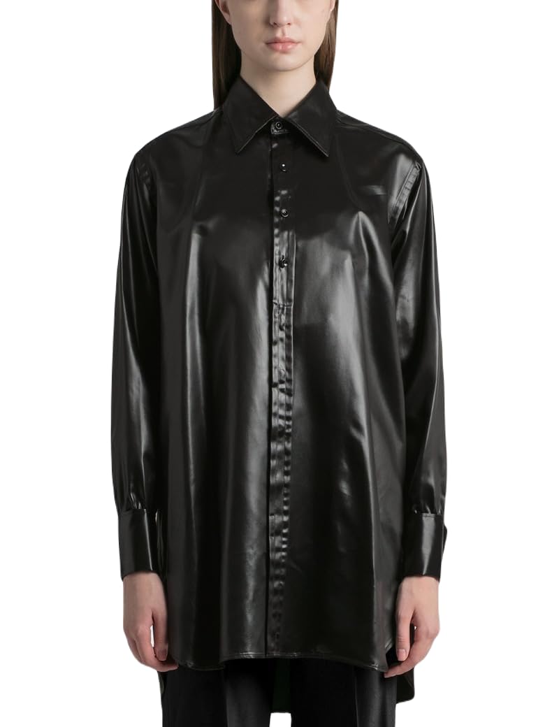 Modern, avant-garde, and feminine faux leather shirt by Martin Margiela.