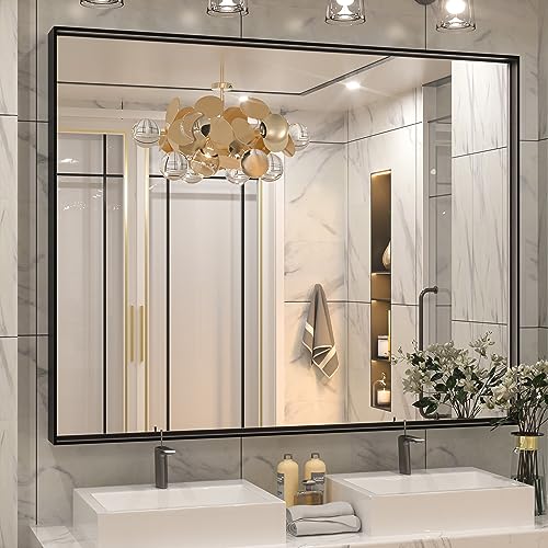 Keonjinn Black Bathroom Mirror 48” x 40” Large Metal Frame Rectangle Mirror for Vanity Over Sink