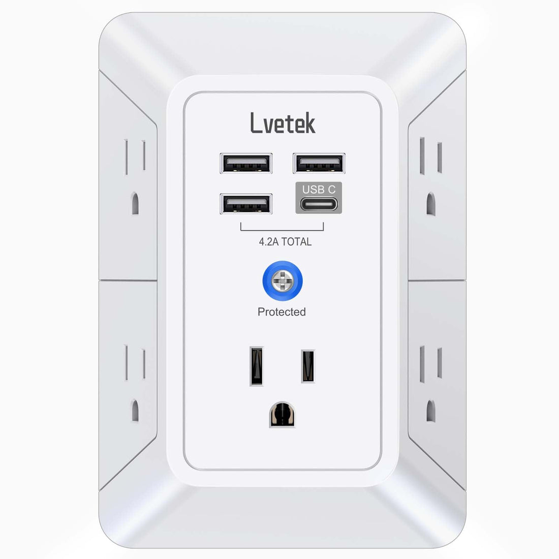 5-Outlet Surge Protector Wall Charger with 4 USB Ports - 1680J Multi Plug for Home, Office, Travel.