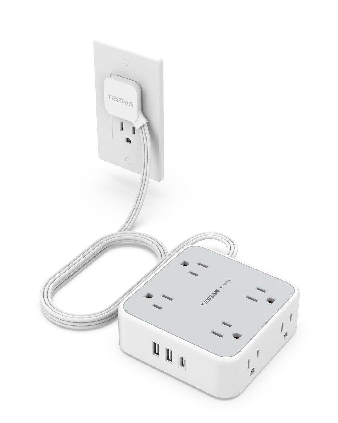 Space-Saving 8-Outlet Power Strip with USB Charging Ports and Outlet Extender