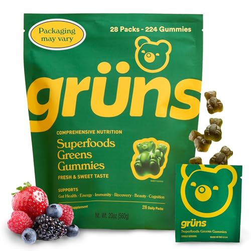 Gruns Daily Gummies, Super Greens Gummies - Organic Spirulina and Chlorella, Prebiotics for ...