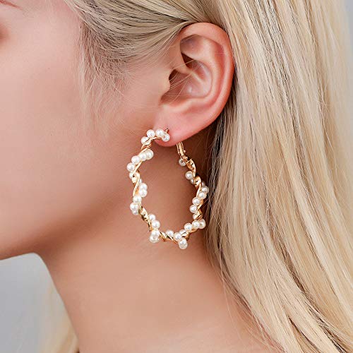Gold Pearl Hoop Earrings for Women - Trendy Huggie Drop Dainty Cubic Zirconia Studs Jewelry.