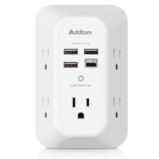 Addtam USB Wall Charger Surge Protector 5 Outlet Extender with 4 USB Charging Ports (1 USB C ...