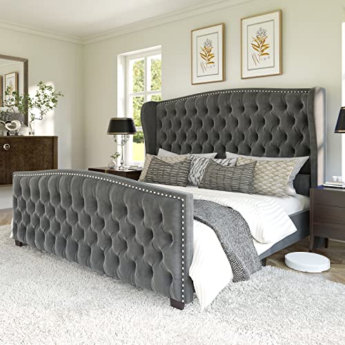 AMERLIFE Queen Size Velvet Upholstered Platform Bed Frame with Tufted Wingback Headboard