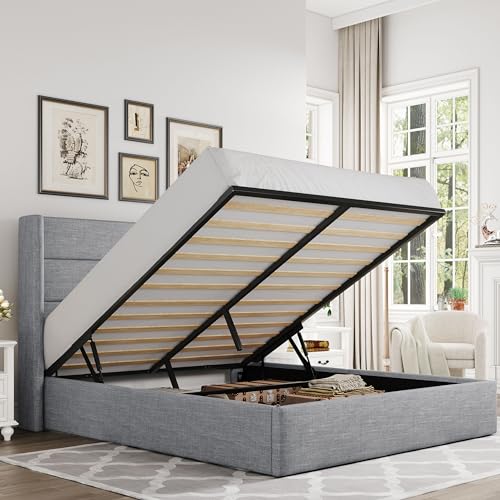 Allewie Queen Size Lift Up Storage Bed with Modern Wingback Headboard