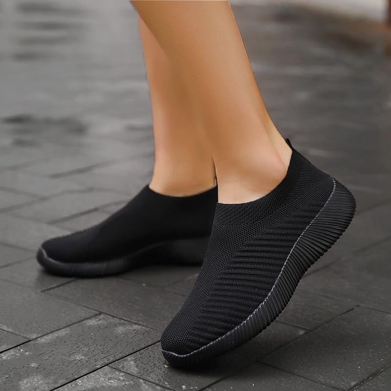 Black Women's Lightweight Slip-on Yoga Sneakers with Elastic Knit Upper.