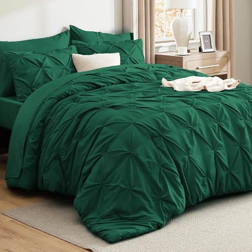 Bedsure Twin Comforter Set Dark Green 5-Piece Bed in a Bag - GentleSoft Pintuck Bedding Set