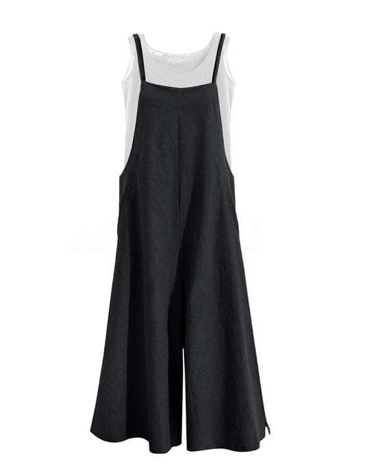 YESNO Women Casual Loose Long Bib Pants Wide Leg Jumpsuits Baggy Cotton Rompers Overalls with Pockets ...