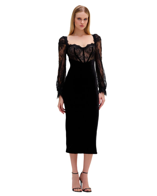 Elegant and Sophisticated Lace and Velvet Midi Dress Design