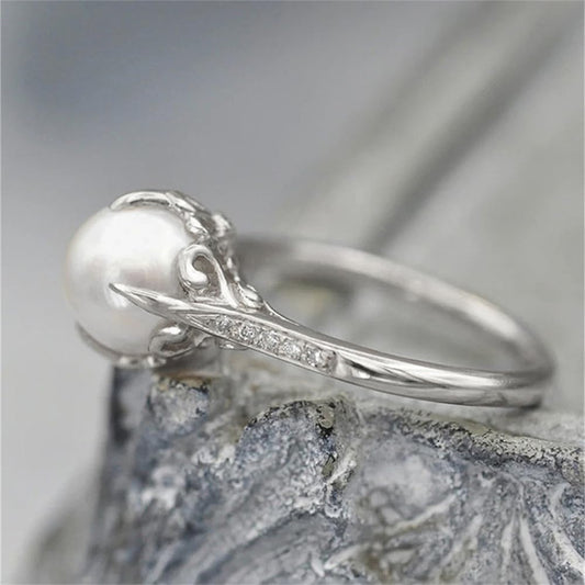 Silver Simulated Pearl Bridal Ring