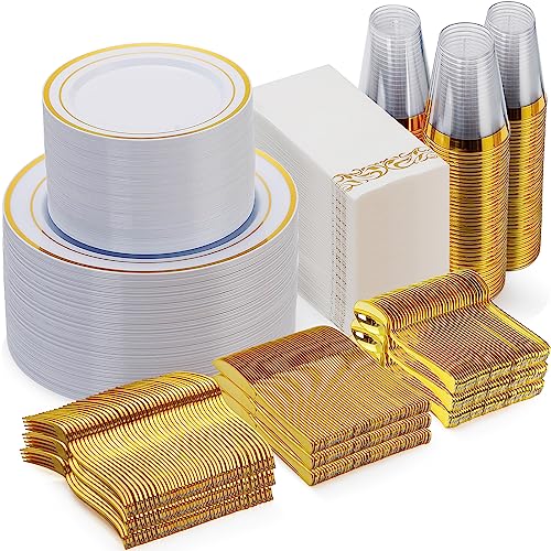 Luxurious Golden Celebration Set: Durable Disposable Dinnerware for 100 guests.