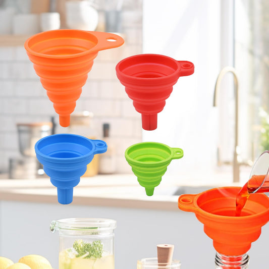 Kitchen Funnel Set 4 Pack, Small * Large Sizes, Foldable Silicone Funnels, Funnels for Kitchen Use...