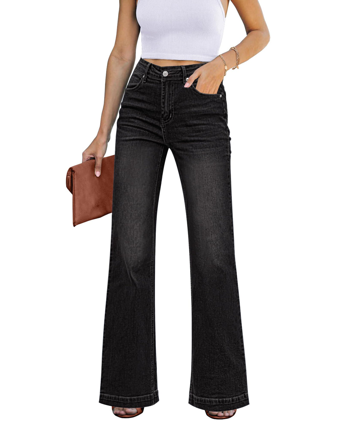 Flare Jeans with Stretch Denim for Women's Fashionable High Waist Pants.