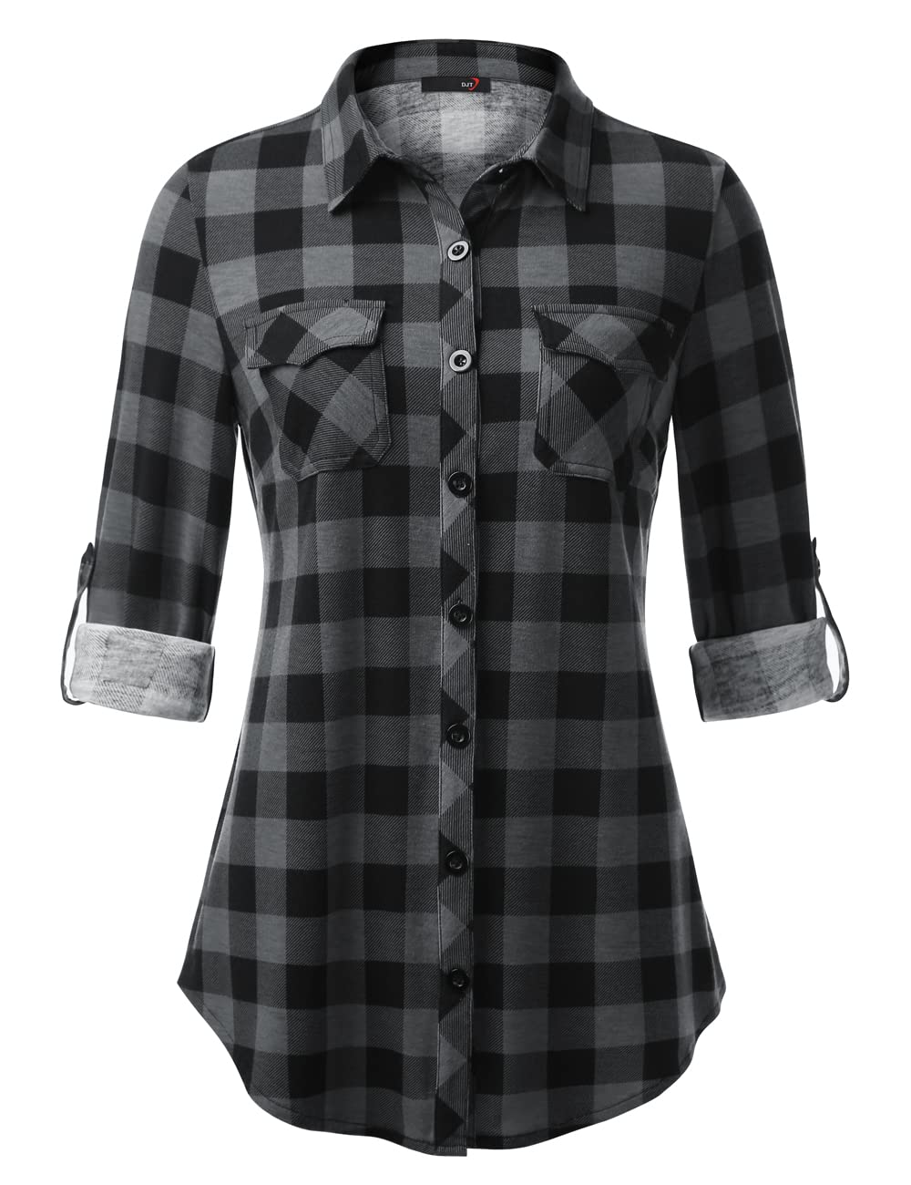 DJT Womens Soft Stretchy Knit Plaid Shirts Roll Up Long Sleeve Collared Button Down Blouses Tops.