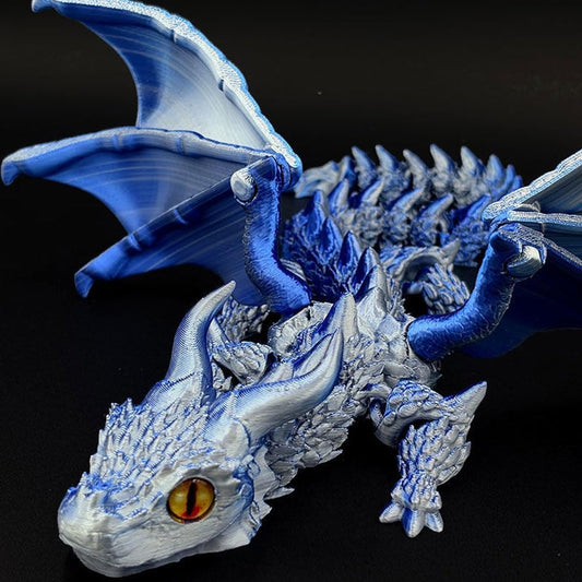 Blue Silver Dragon Desk Figurine - 3D Printed Collectible Decor